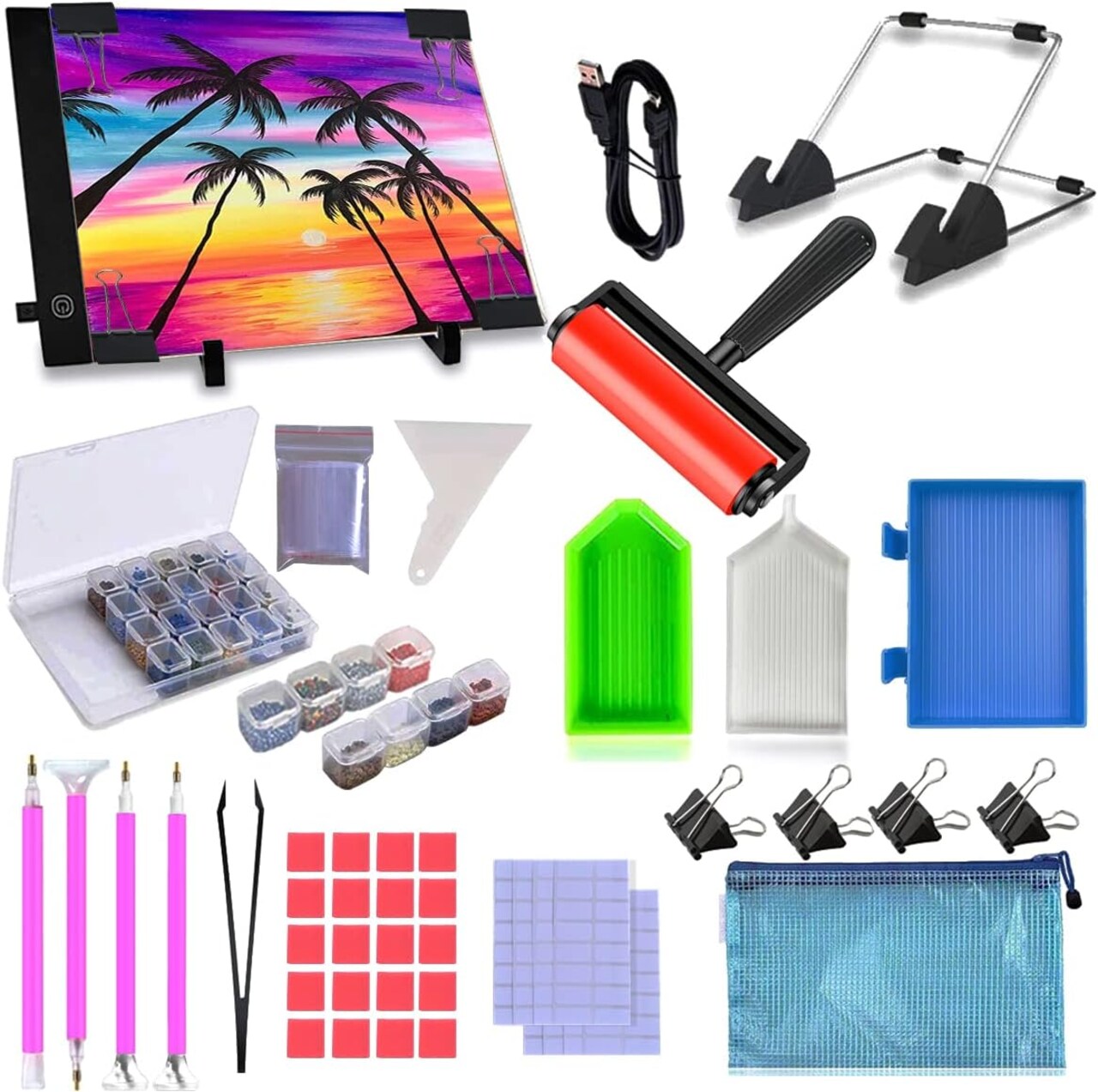 59 Pcs Diamond Painting A4 LED Light Pad Kit, 5D Diamond Painting Accessories Tool Kit Full Drill for Adults and Kids, Supplies Includes Storage Case, Pens,Stand,Pad Board